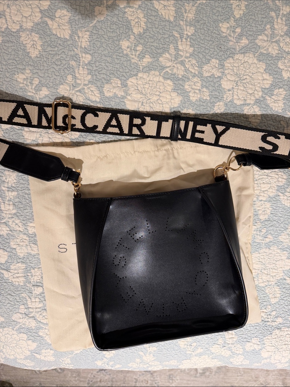 Stella McCartney Black Perforated Logo Shoulder Bag with Branded Strap